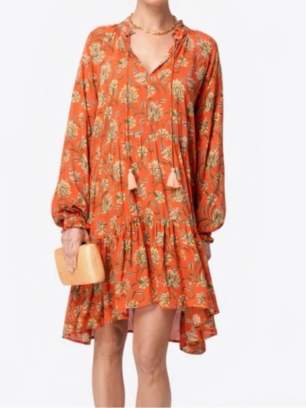 Roller Rabbit - Coral Floral Tiered V-Neck Mini Dress, size S